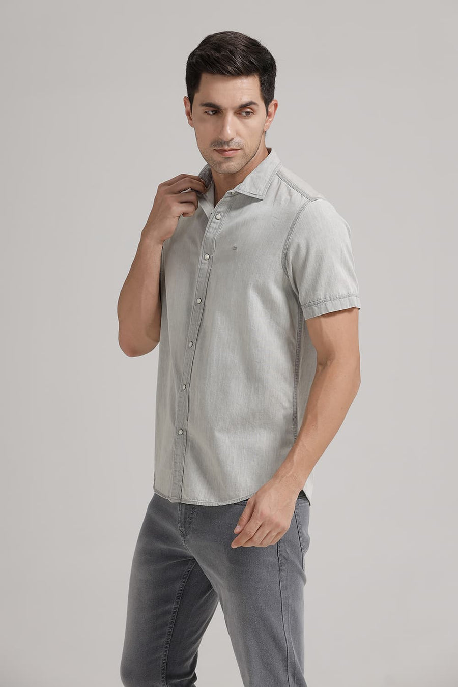 BASICS SLIM FIT CLOUD GREY COTTON SULPHUR HALFSLEEVES SHIRT