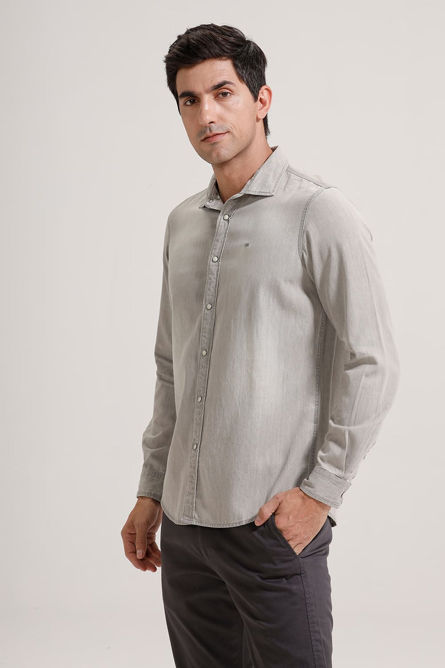 BASICS SLIM FIT CLOUD GREY COTTON SULPHUR SHIRT