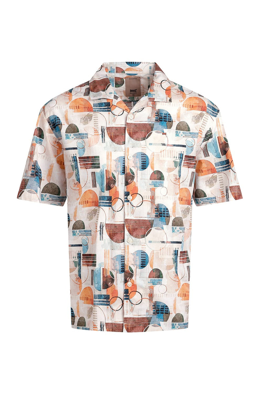 BASICS RELAXED FIT BLUEBIRD BEIGE COTTON VISCOSE DIGITAL PRINTED HALFSLEEVES SHIRT