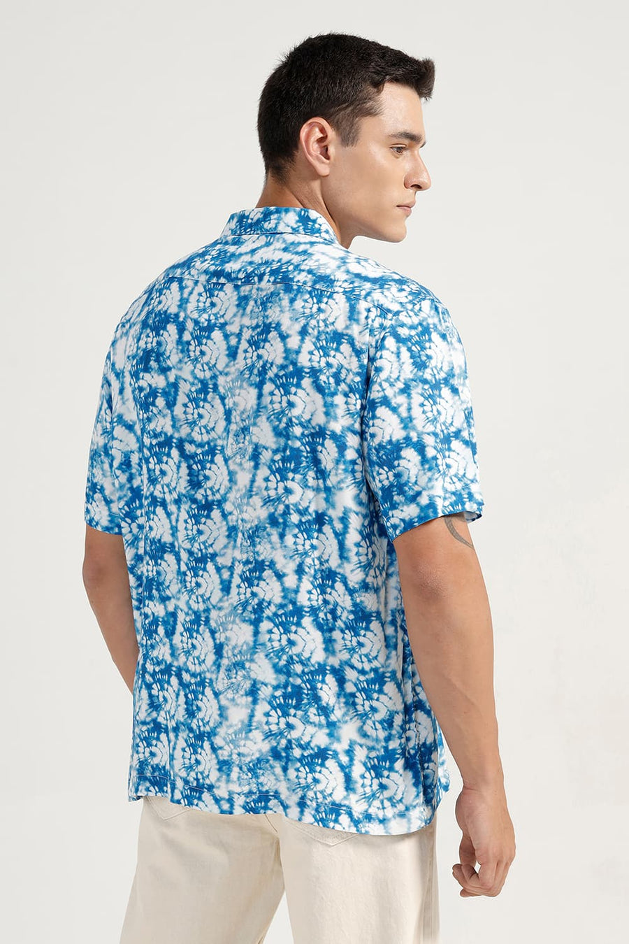 BASICS RELAXED FIT SEAPORT BLUE VISCOSE DIGITAL PRINTED HALFSLEEVES SHIRT