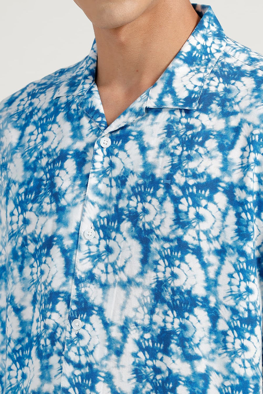 BASICS RELAXED FIT SEAPORT BLUE VISCOSE DIGITAL PRINTED HALFSLEEVES SHIRT