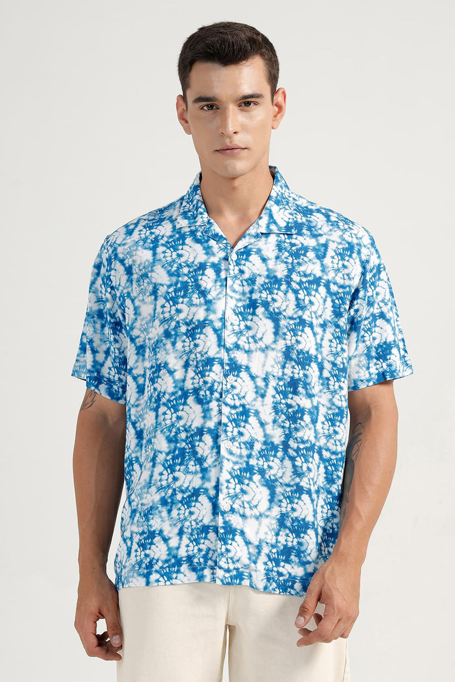 BASICS RELAXED FIT SEAPORT BLUE VISCOSE DIGITAL PRINTED HALFSLEEVES SHIRT