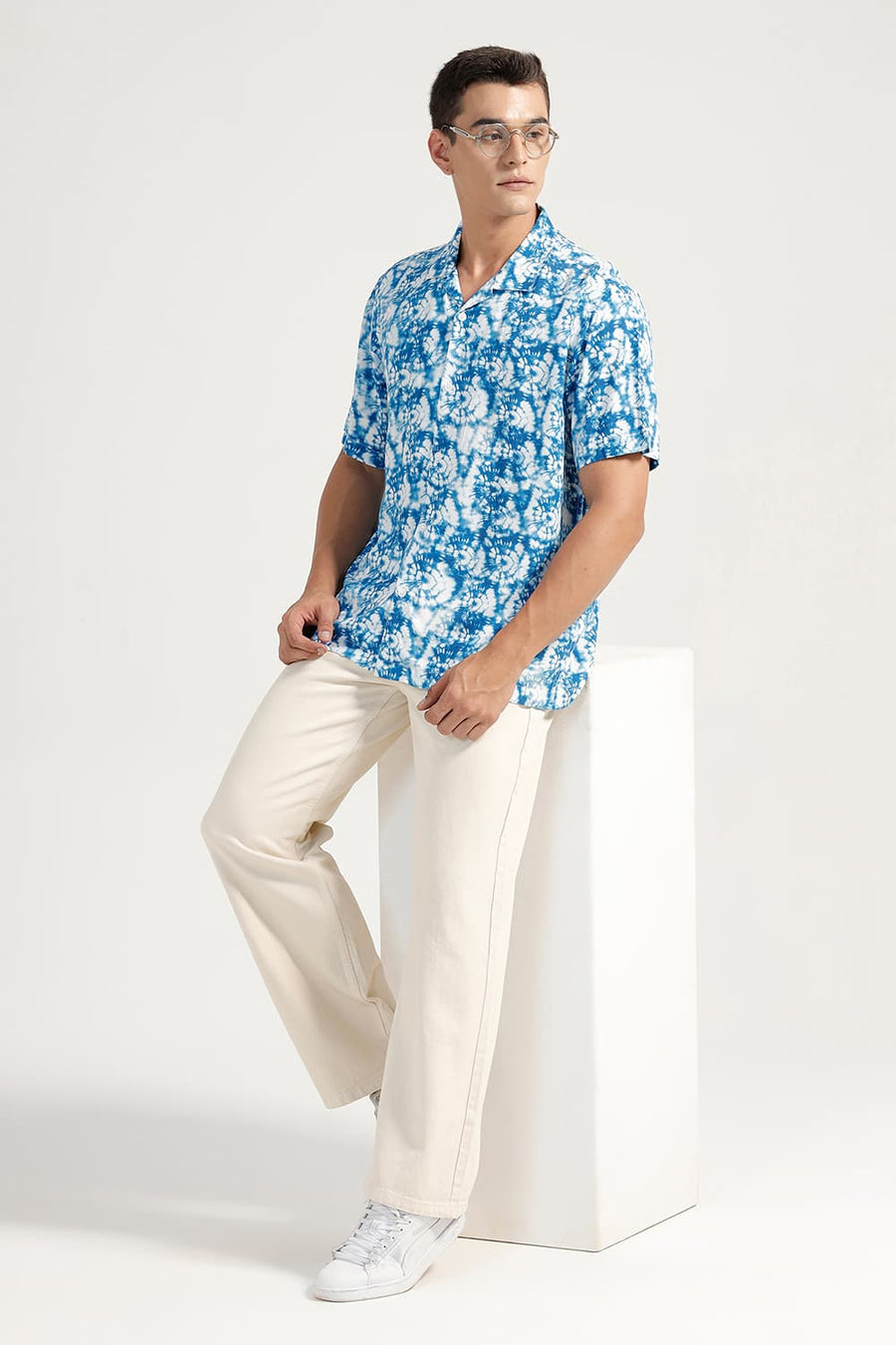 BASICS RELAXED FIT SEAPORT BLUE VISCOSE DIGITAL PRINTED HALFSLEEVES SHIRT