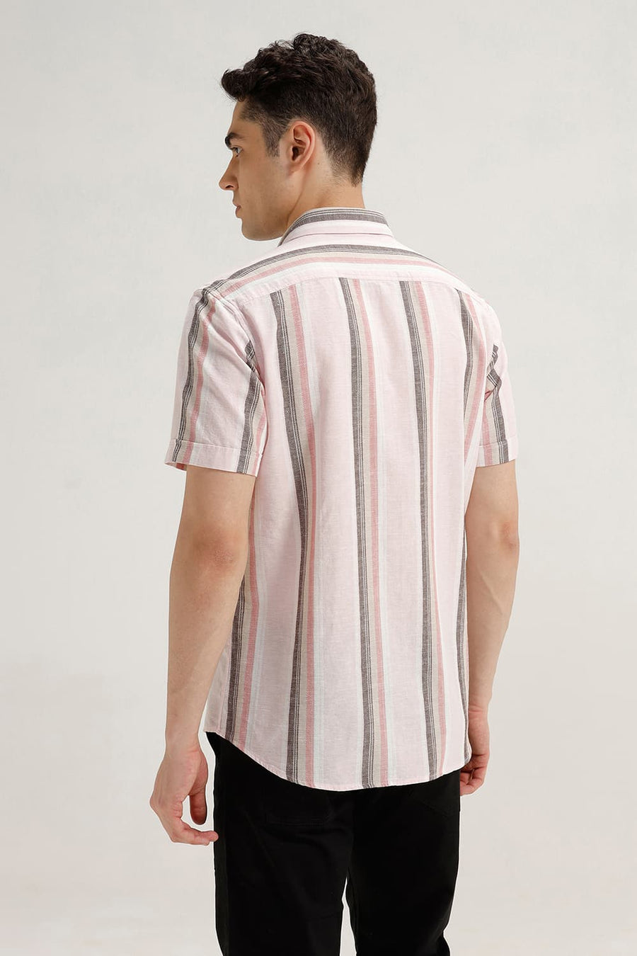 BASICS SLIM FIT CHERRY PINK COTTON LENO DOBBY STRIPE HALFSLEEVES SHIRT