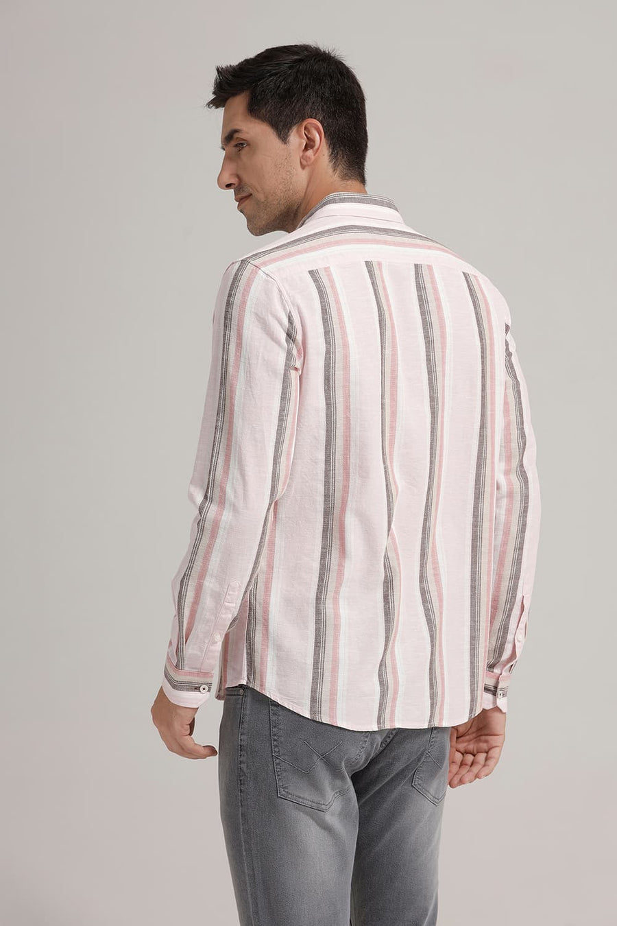 BASICS SLIM FIT CHERRY PINK COTTON LENO DOBBY STRIPE SHIRT