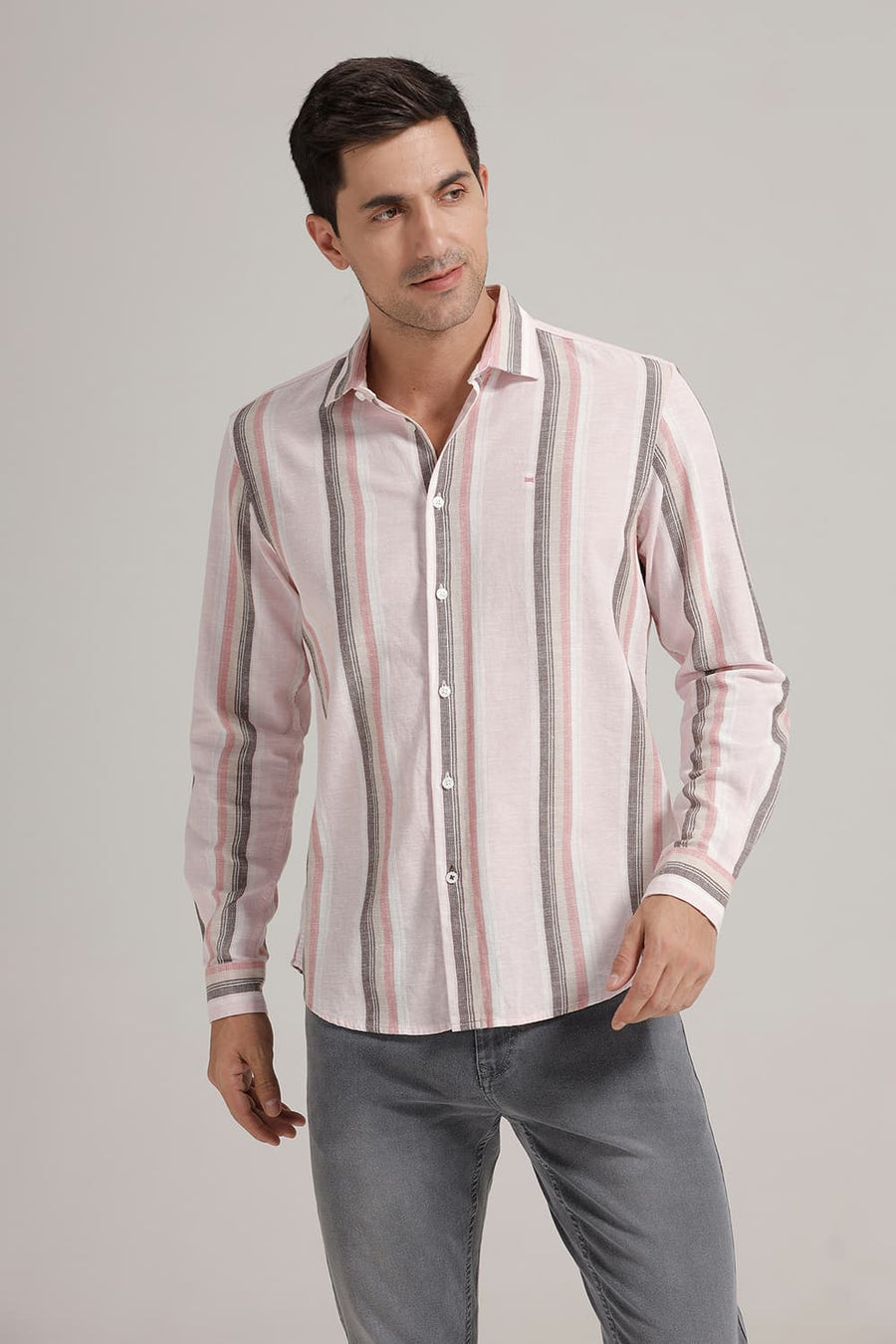 BASICS SLIM FIT CHERRY PINK COTTON LENO DOBBY STRIPE SHIRT