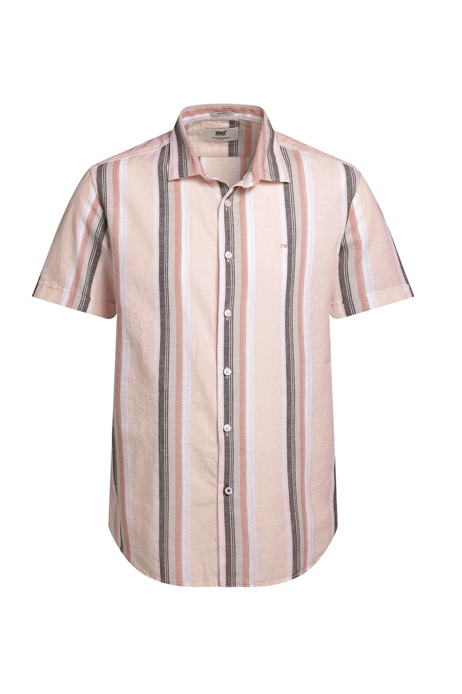 BASICS SLIM FIT CHERRY PINK COTTON LENO DOBBY STRIPE HALFSLEEVES SHIRT