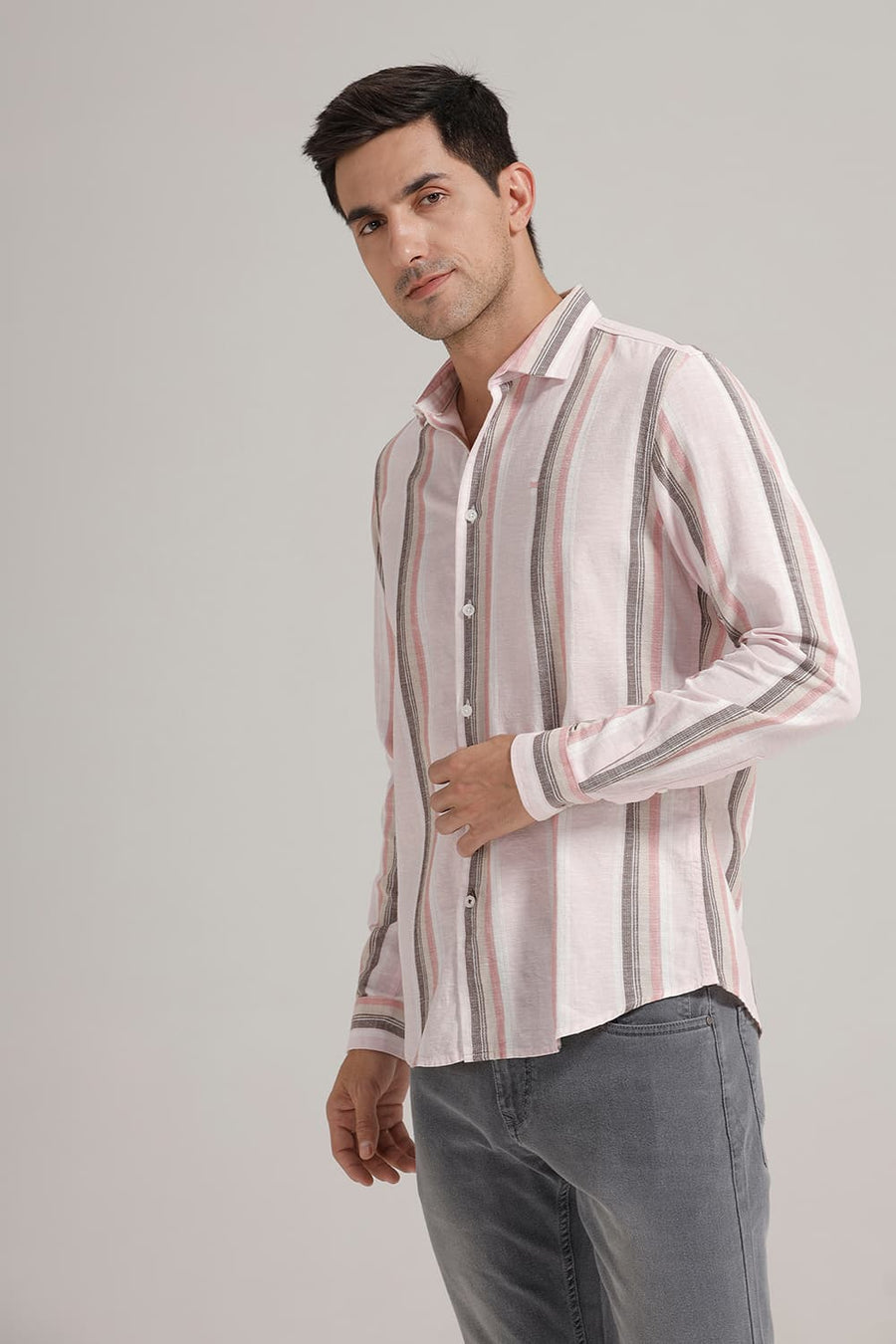 BASICS SLIM FIT CHERRY PINK COTTON LENO DOBBY STRIPE SHIRT