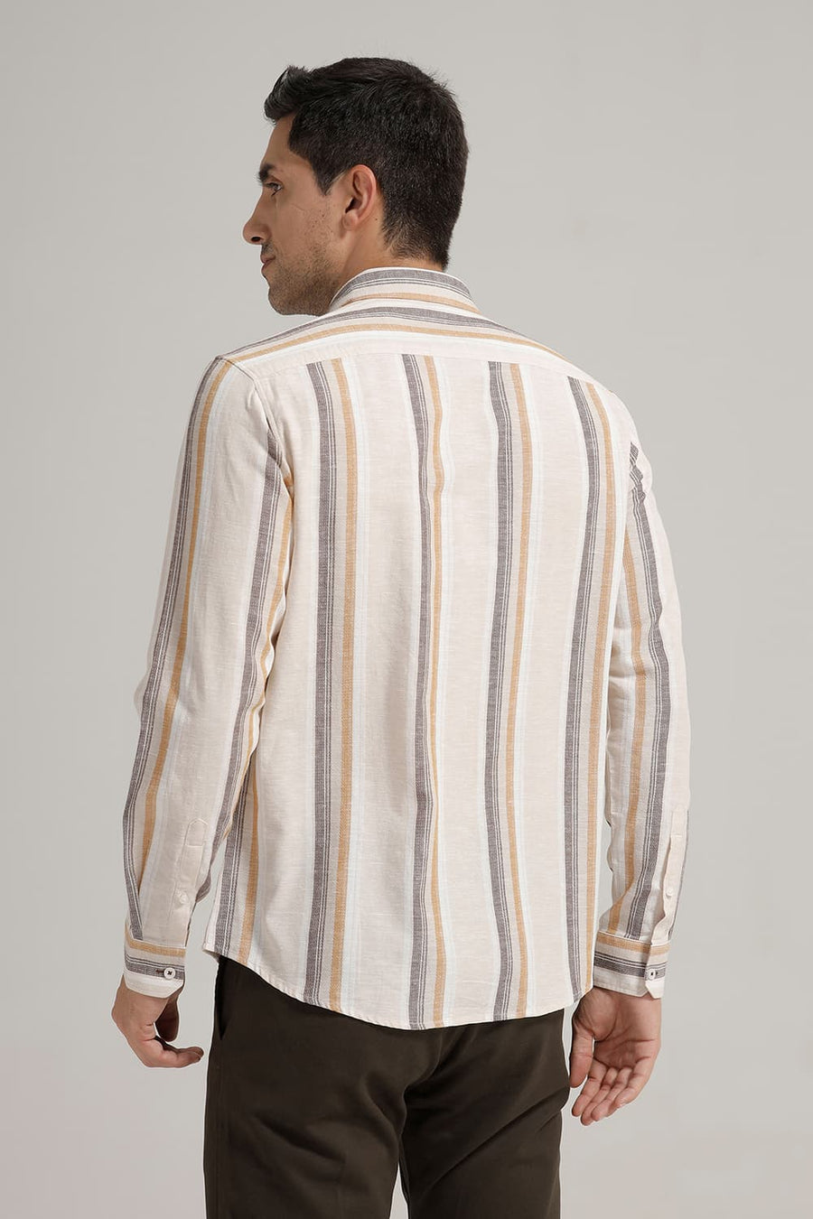 BASICS SLIM FIT TAPIOCA BEIGE COTTON LENO DOBBY STRIPE SHIRT