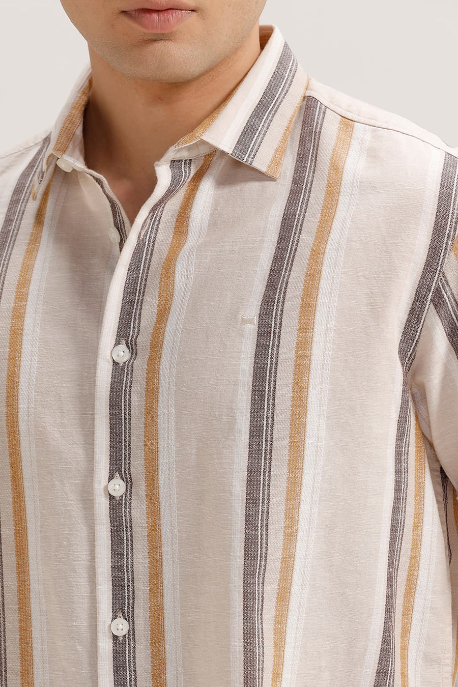 BASICS SLIM FIT TAPIOCA BEIGE COTTON LENO DOBBY STRIPE HALFSLEEVES SHIRT