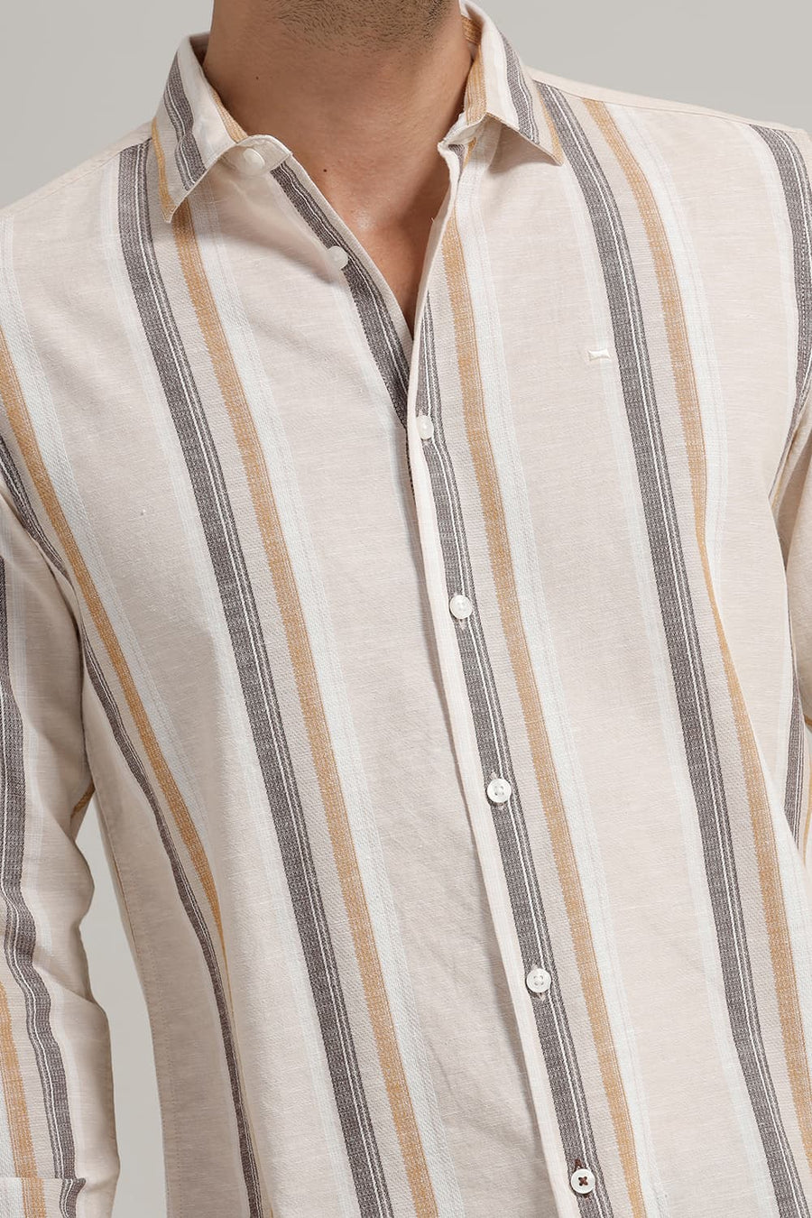 BASICS SLIM FIT TAPIOCA BEIGE COTTON LENO DOBBY STRIPE SHIRT