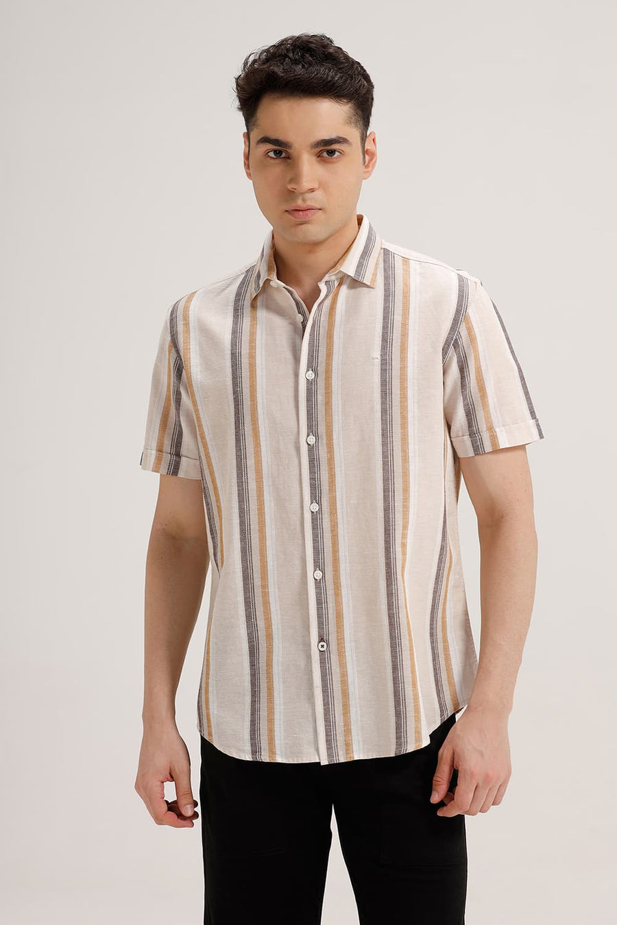 BASICS SLIM FIT TAPIOCA BEIGE COTTON LENO DOBBY STRIPE HALFSLEEVES SHIRT