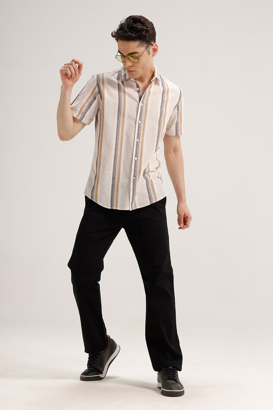 BASICS SLIM FIT TAPIOCA BEIGE COTTON LENO DOBBY STRIPE HALFSLEEVES SHIRT