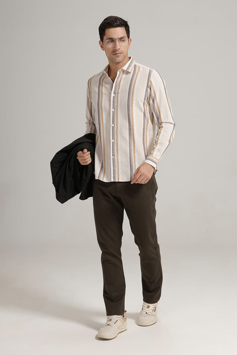 BASICS SLIM FIT TAPIOCA BEIGE COTTON LENO DOBBY STRIPE SHIRT