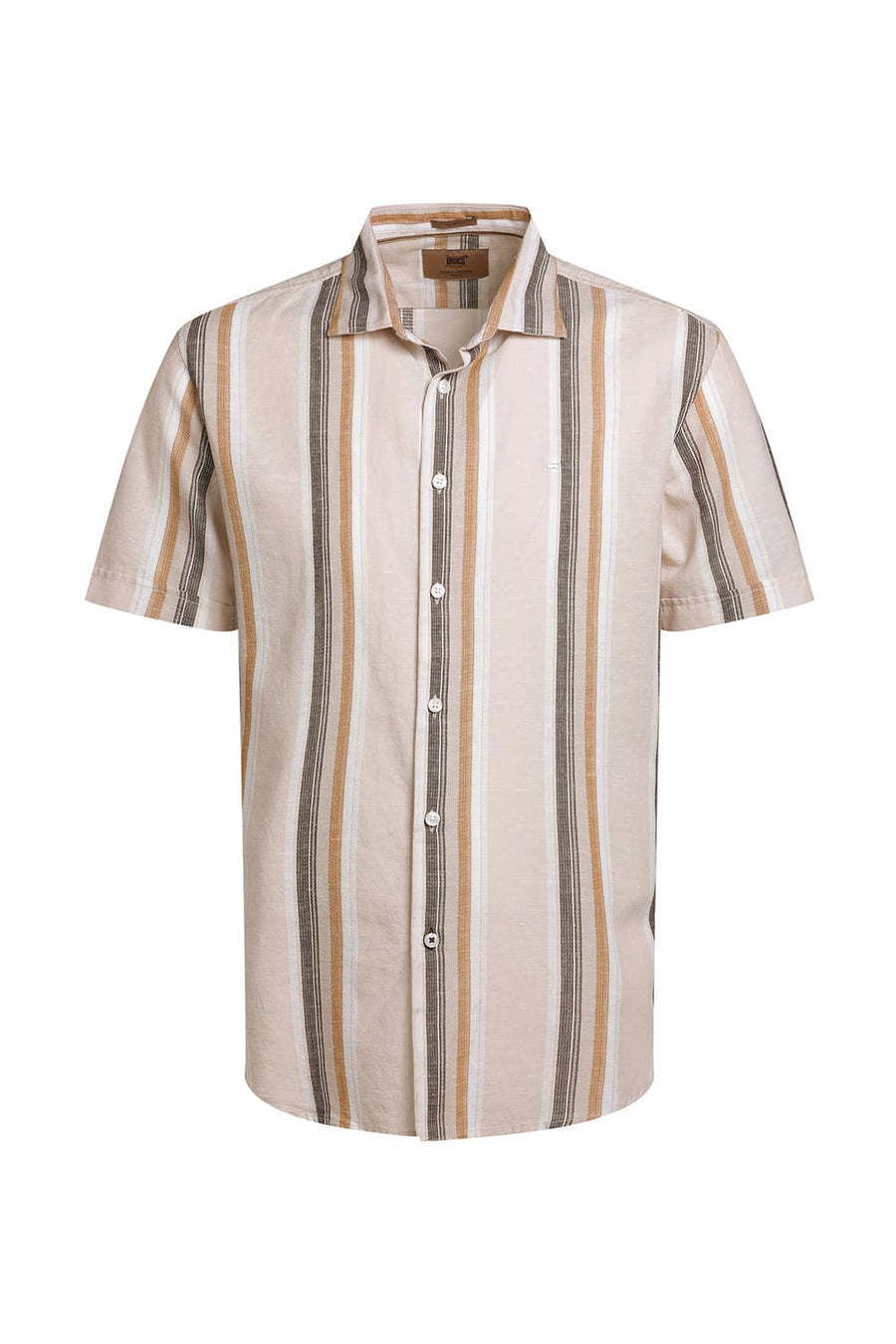 BASICS SLIM FIT TAPIOCA BEIGE COTTON LENO DOBBY STRIPE HALFSLEEVES SHIRT
