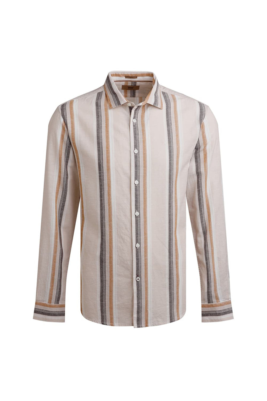 BASICS SLIM FIT TAPIOCA BEIGE COTTON LENO DOBBY STRIPE SHIRT
