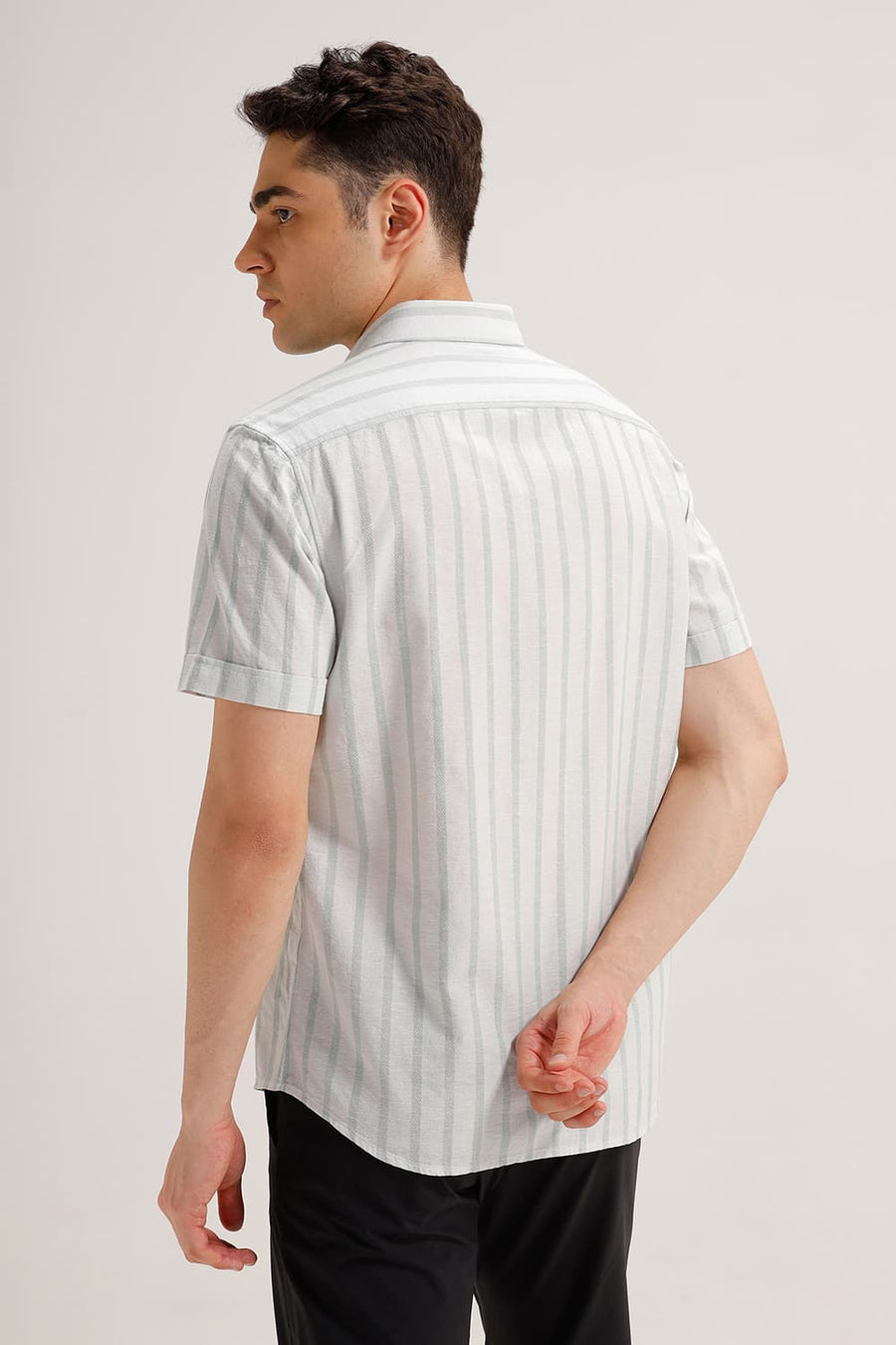 BASICS SLIM FIT ICE GREEN COTTON LENO DOBBY STRIPE HALFSLEEVES SHIRT
