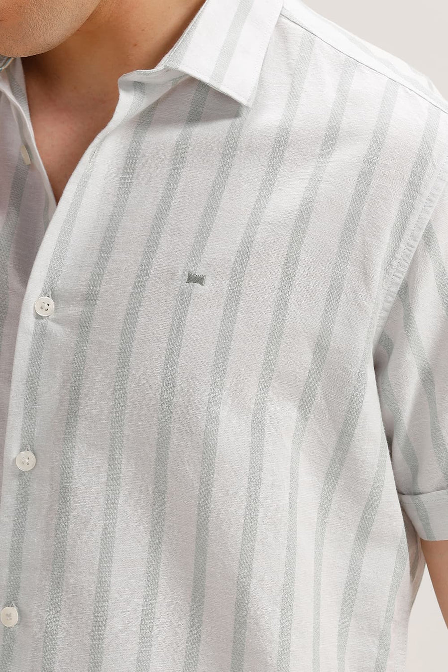 BASICS SLIM FIT ICE GREEN COTTON LENO DOBBY STRIPE HALFSLEEVES SHIRT