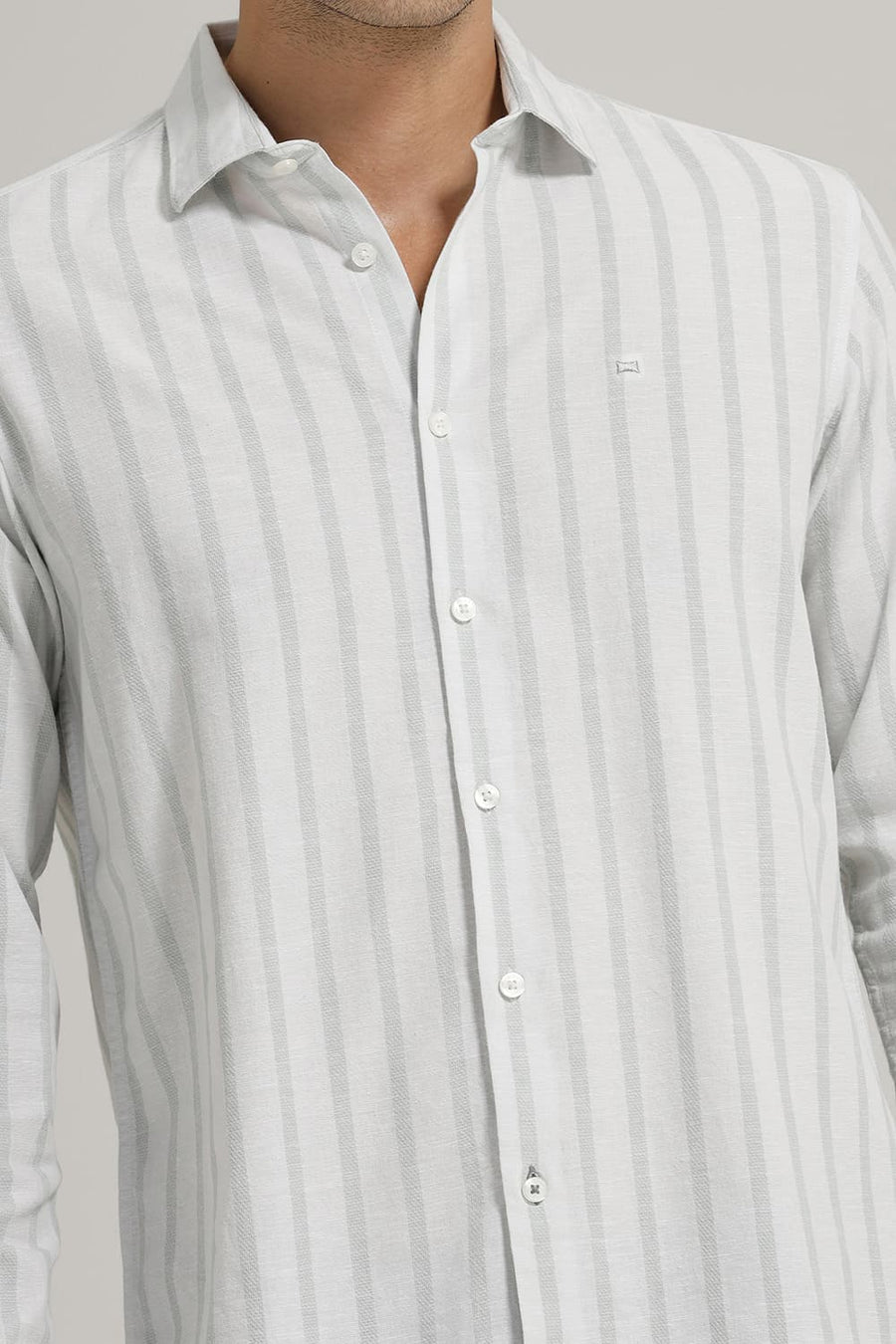 BASICS SLIM FIT ICE GREEN COTTON LENO DOBBY STRIPE SHIRT