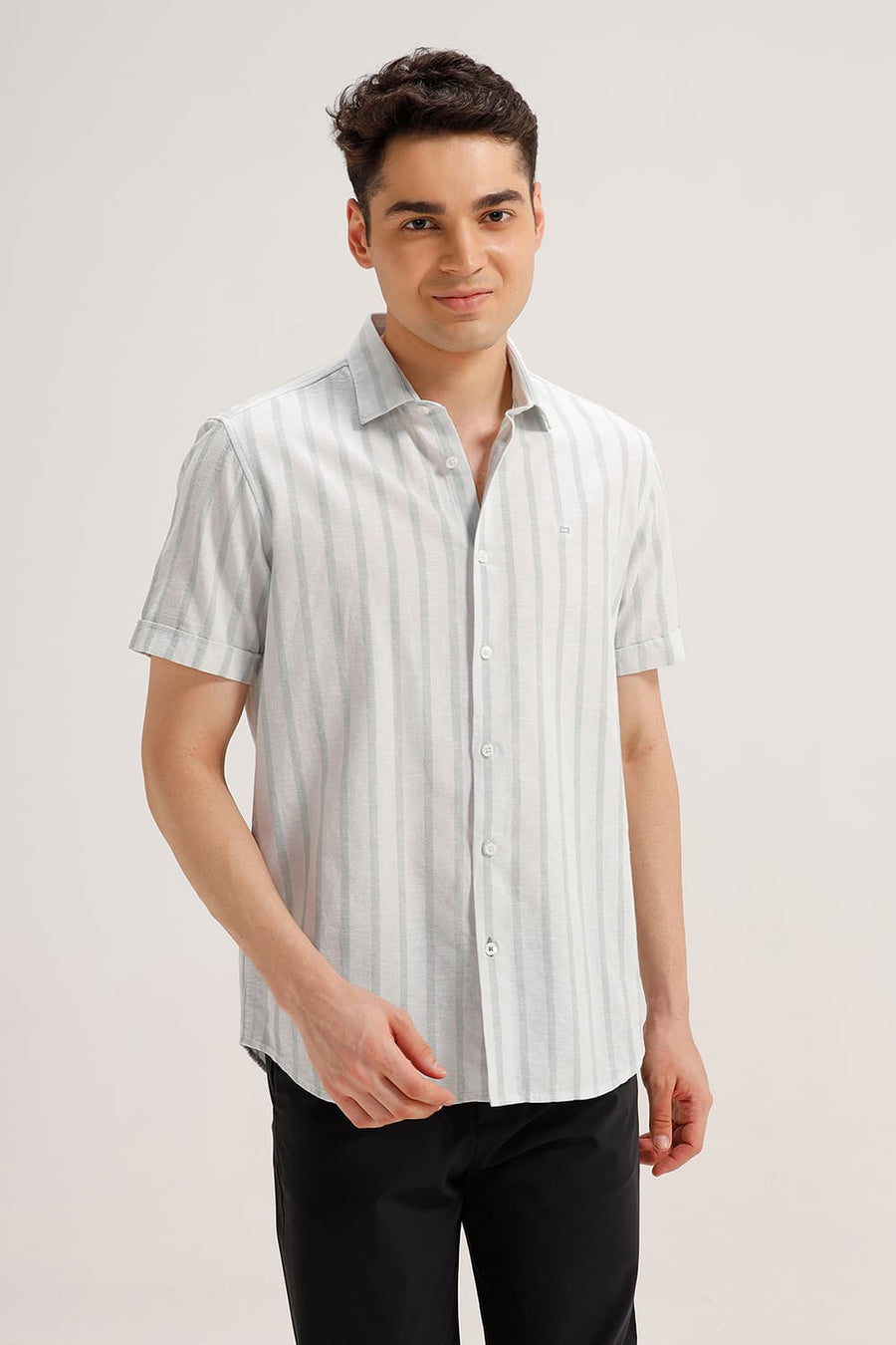BASICS SLIM FIT ICE GREEN COTTON LENO DOBBY STRIPE HALFSLEEVES SHIRT