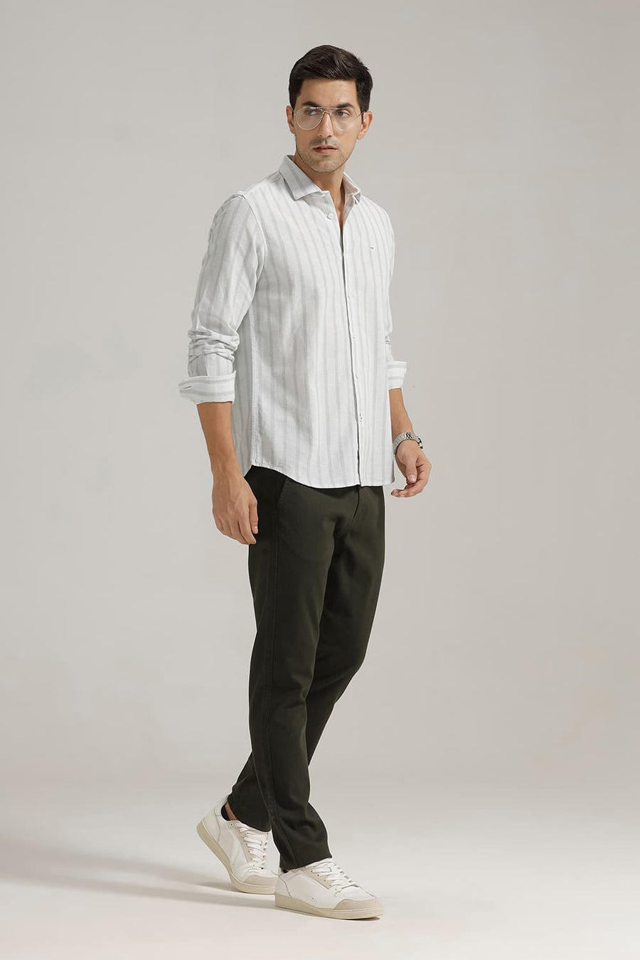 BASICS SLIM FIT ICE GREEN COTTON LENO DOBBY STRIPE SHIRT