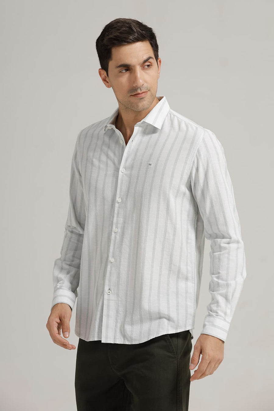 BASICS SLIM FIT ICE GREEN COTTON LENO DOBBY STRIPE SHIRT