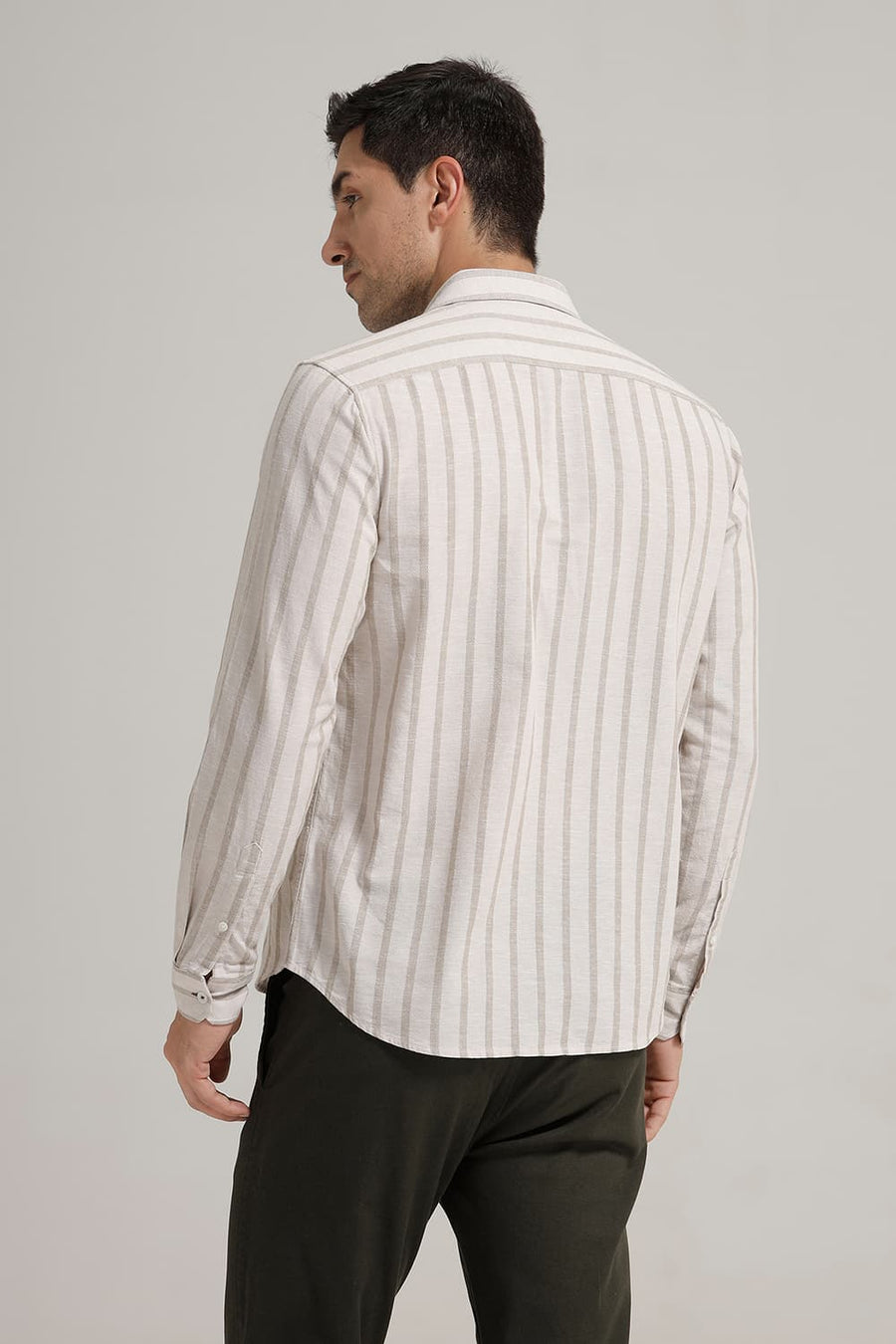 BASICS SLIM FIT SANDSHELL BROWN COTTON LENO DOBBY STRIPE SHIRT