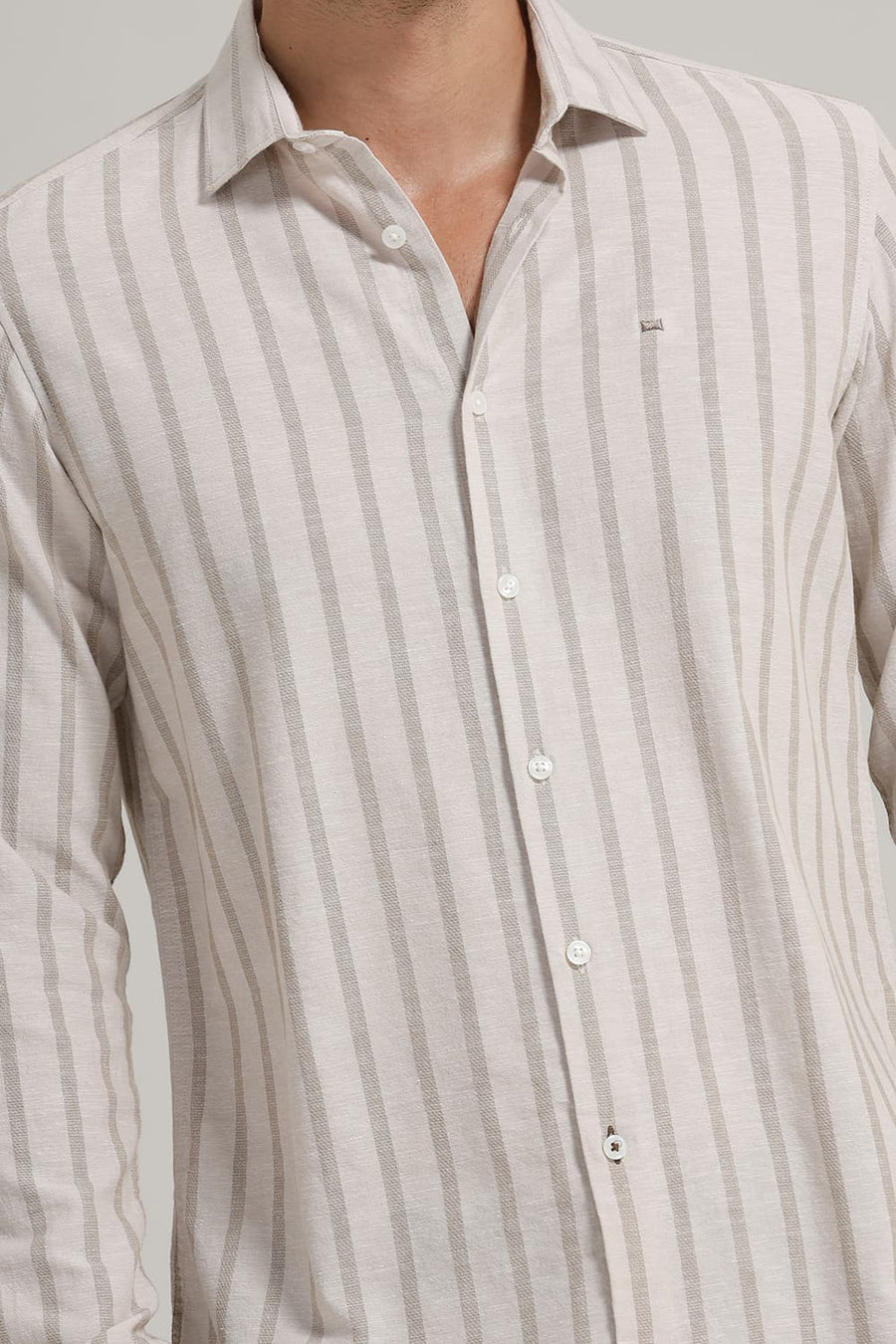 BASICS SLIM FIT SANDSHELL BROWN COTTON LENO DOBBY STRIPE SHIRT