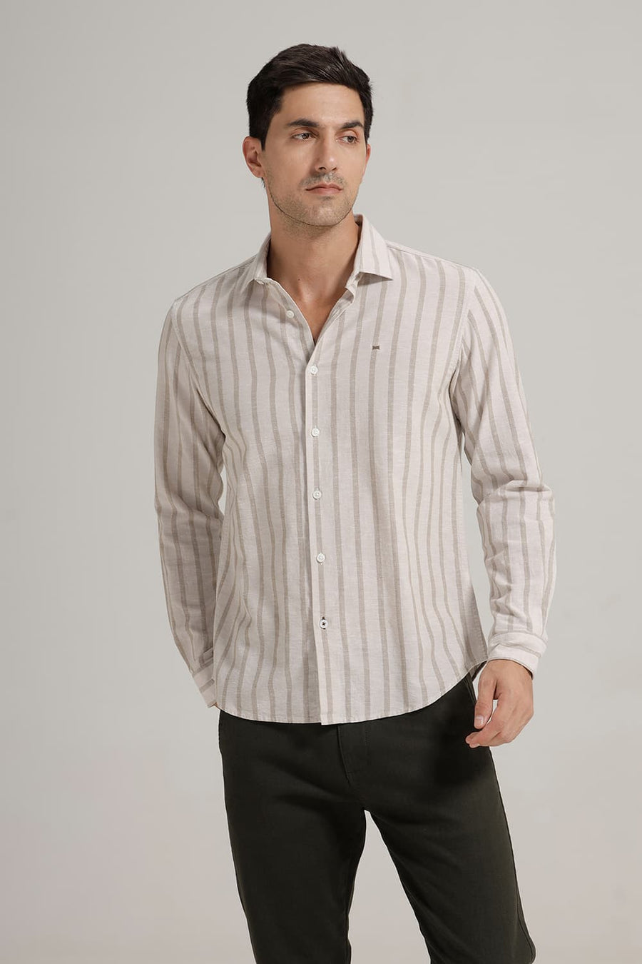 BASICS SLIM FIT SANDSHELL BROWN COTTON LENO DOBBY STRIPE SHIRT