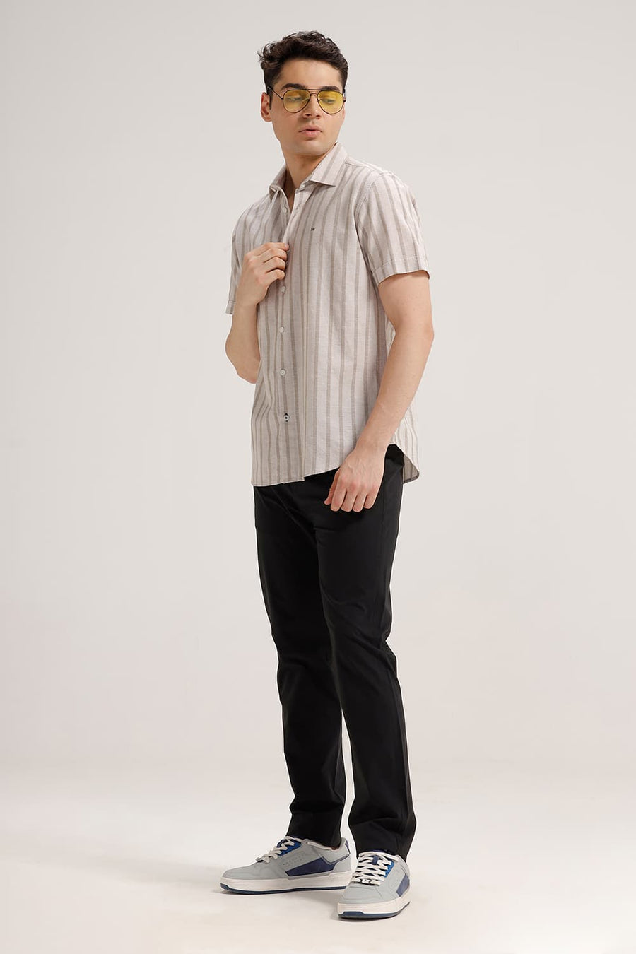 BASICS SLIM FIT SANDSHELL BROWN COTTON LENO DOBBY STRIPE HALFSLEEVES SHIRT