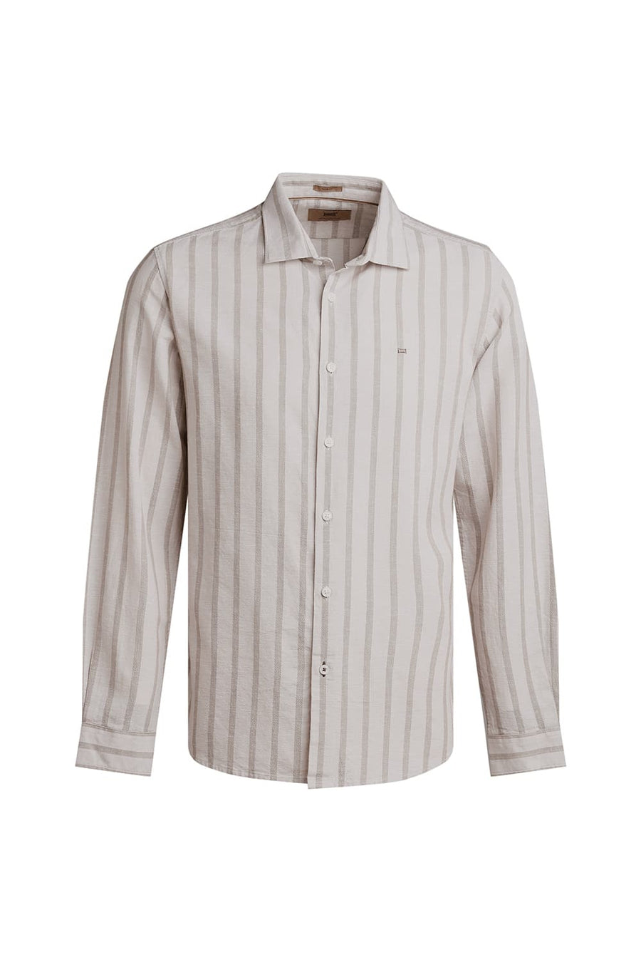 BASICS SLIM FIT SANDSHELL BROWN COTTON LENO DOBBY STRIPE SHIRT