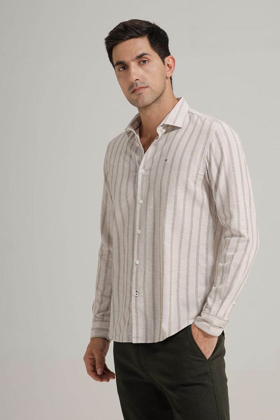 BASICS SLIM FIT SANDSHELL BROWN COTTON LENO DOBBY STRIPE SHIRT