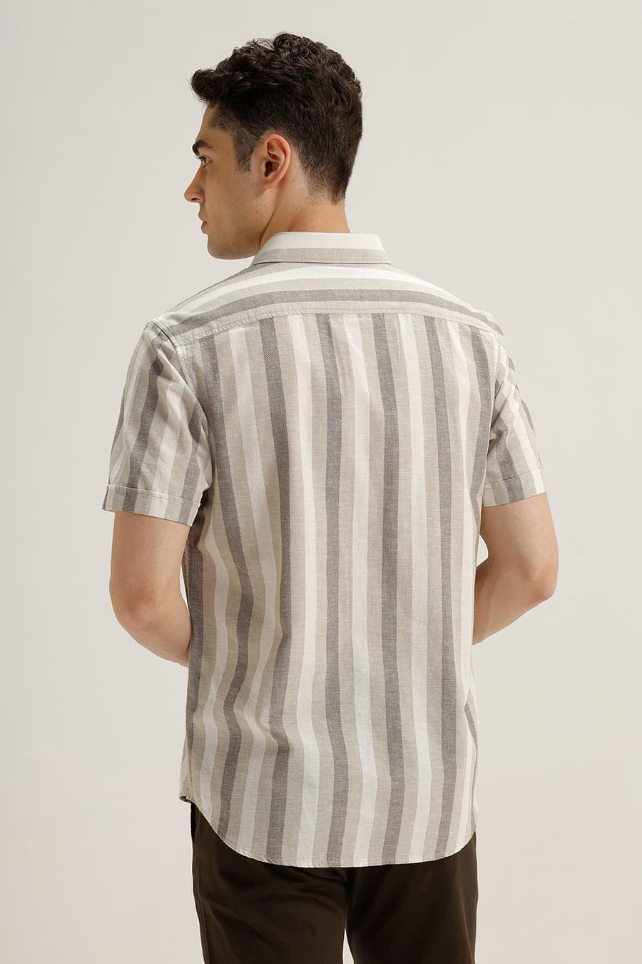 BASICS SLIM FIT CEMENT OLIVE COTTON LENO DOBBY STRIPE HALFSLEEVES SHIRT