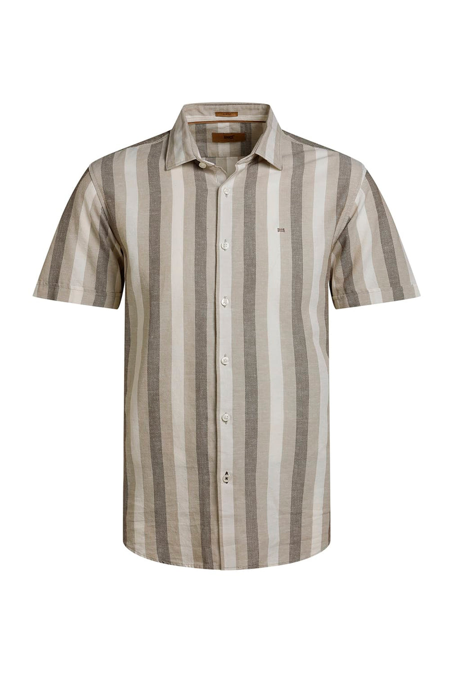 BASICS SLIM FIT CEMENT OLIVE COTTON LENO DOBBY STRIPE HALFSLEEVES SHIRT