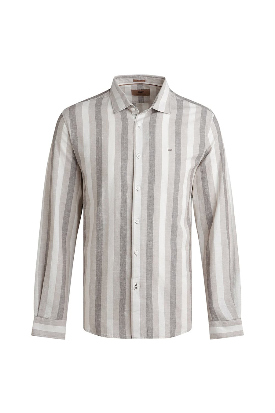BASICS SLIM FIT CEMENT OLIVE COTTON LENO DOBBY STRIPE SHIRT