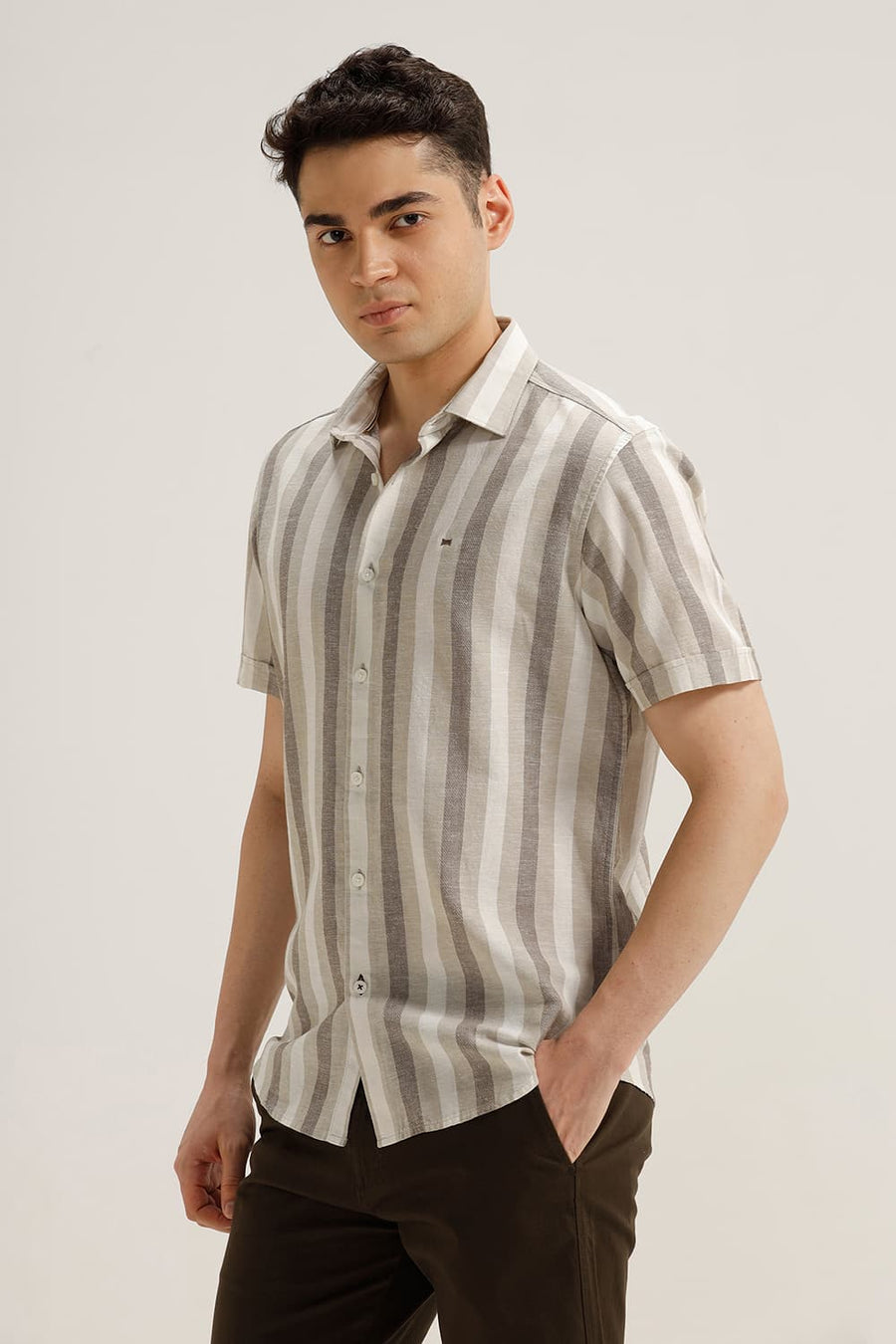 BASICS SLIM FIT CEMENT OLIVE COTTON LENO DOBBY STRIPE HALFSLEEVES SHIRT