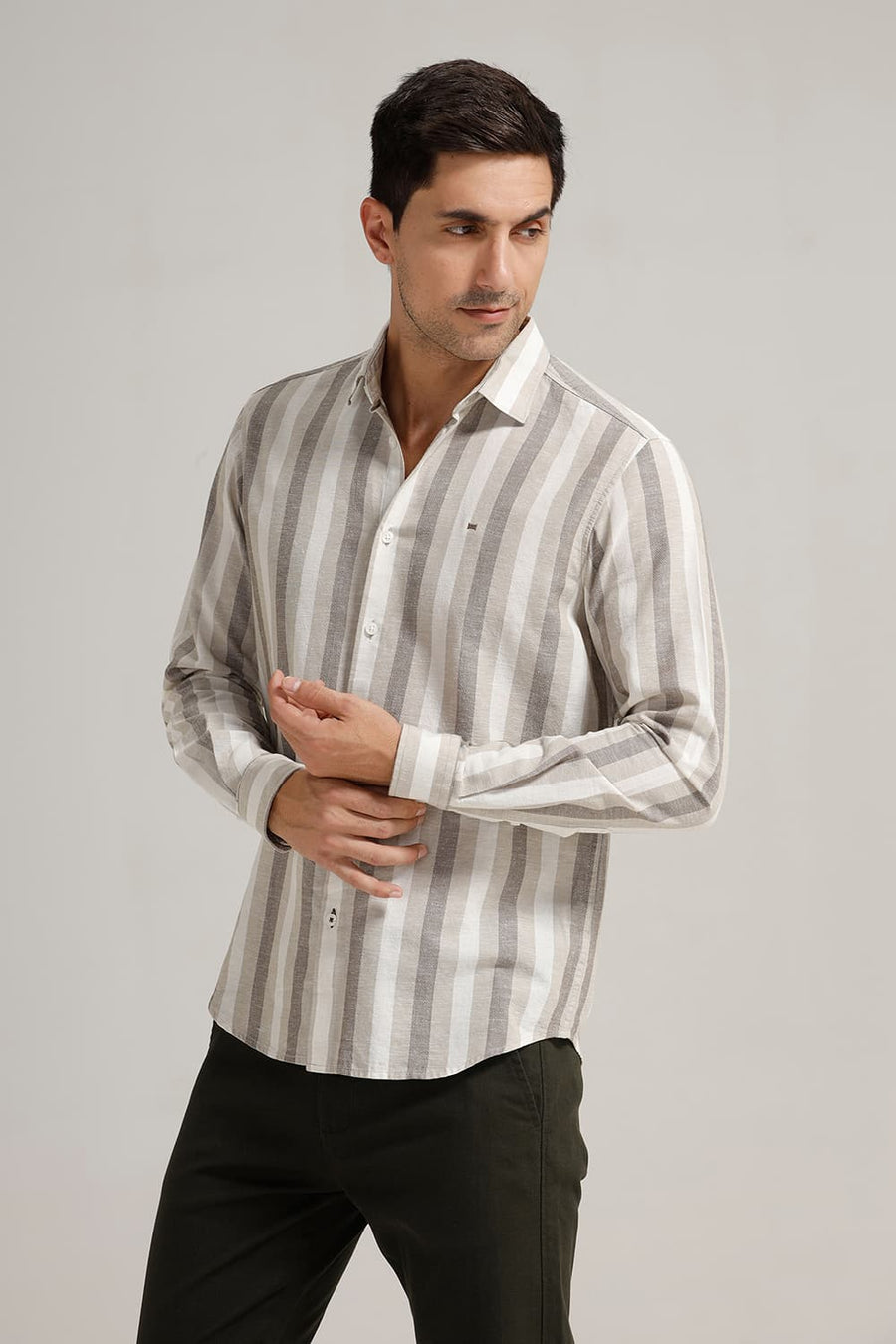 BASICS SLIM FIT CEMENT OLIVE COTTON LENO DOBBY STRIPE SHIRT