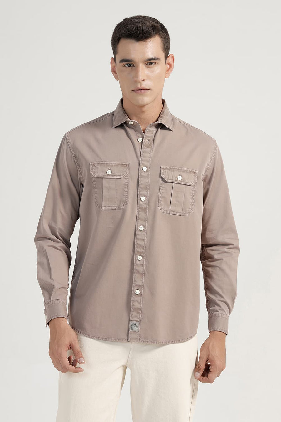 BASICS RELAXED FIT TOASTED BROWN COTTON TWILL SHIRT