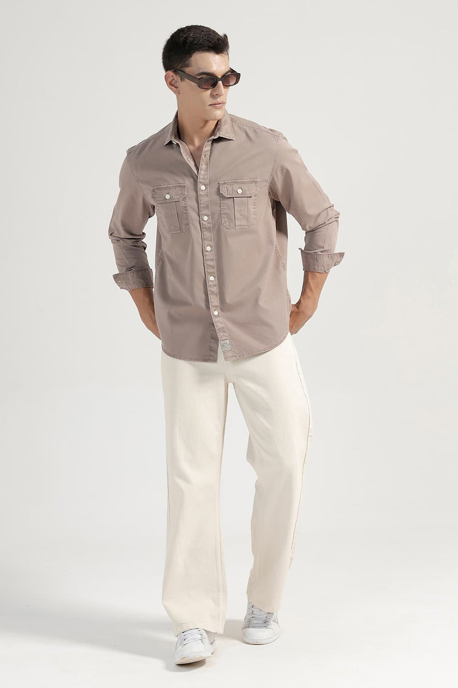BASICS RELAXED FIT TOASTED BROWN COTTON TWILL SHIRT
