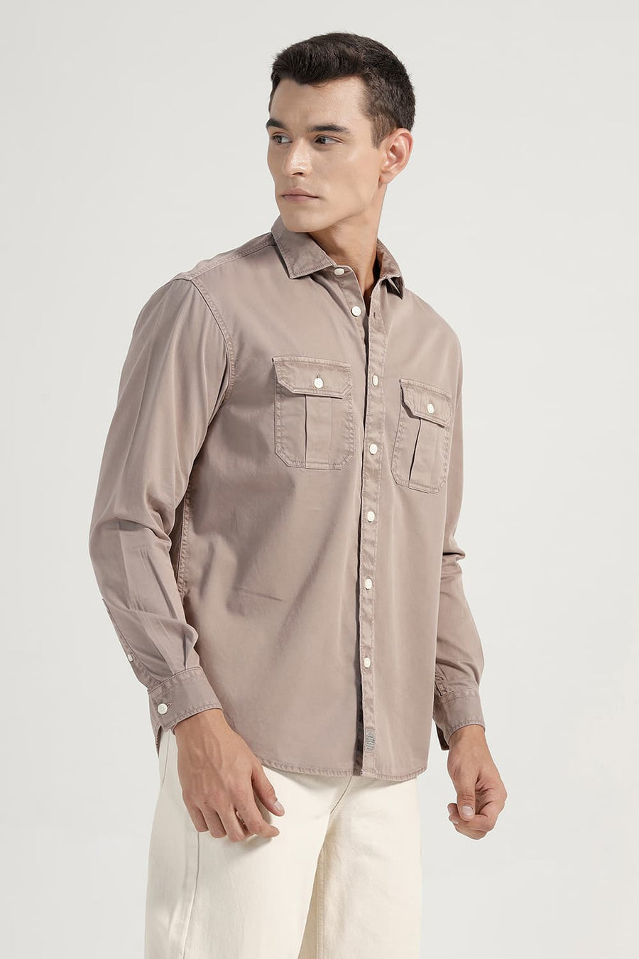 BASICS RELAXED FIT TOASTED BROWN COTTON TWILL SHIRT