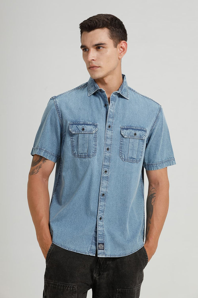 RELAXED FIT INDIGO HALFSLEEVES SHIRT