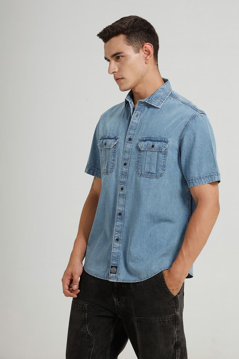 RELAXED FIT INDIGO HALFSLEEVES SHIRT