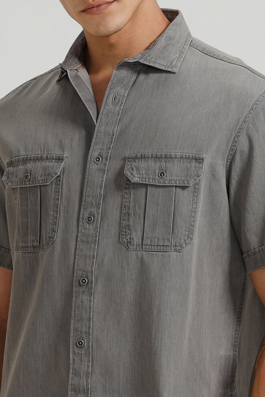 BASICS RELAXED FIT PROFILE GREY COTTON SULPHUR HALFSLEEVES SHIRT