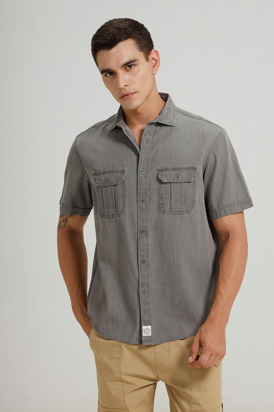 BASICS RELAXED FIT PROFILE GREY COTTON SULPHUR HALFSLEEVES SHIRT