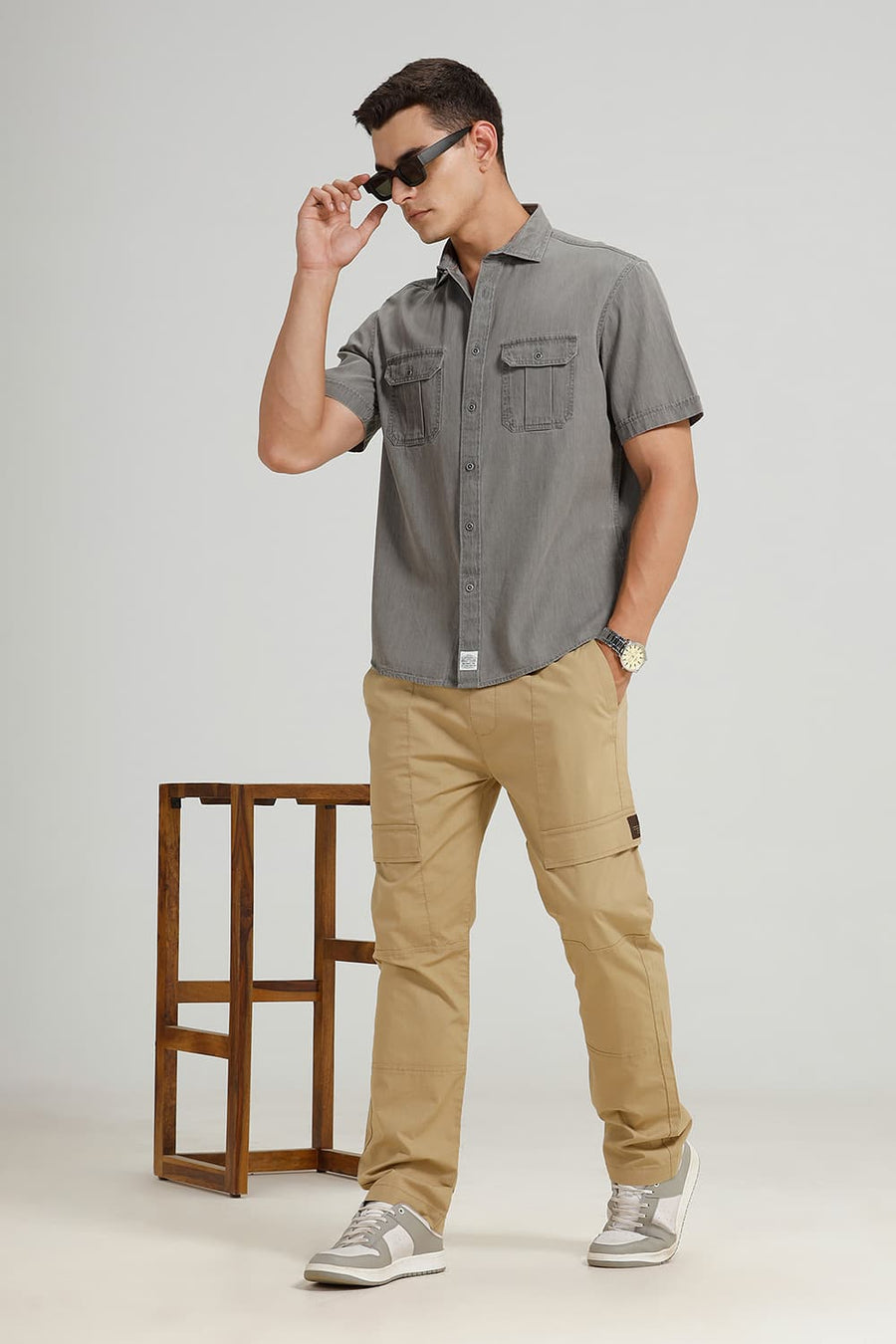 BASICS RELAXED FIT PROFILE GREY COTTON SULPHUR HALFSLEEVES SHIRT