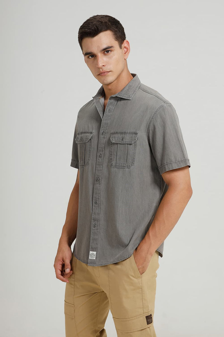 BASICS RELAXED FIT PROFILE GREY COTTON SULPHUR HALFSLEEVES SHIRT