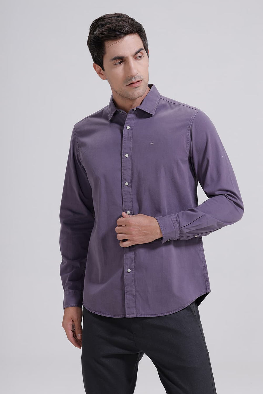 BASICS SLIM FIT PURPLE ASH COTTON TWILL SHIRT