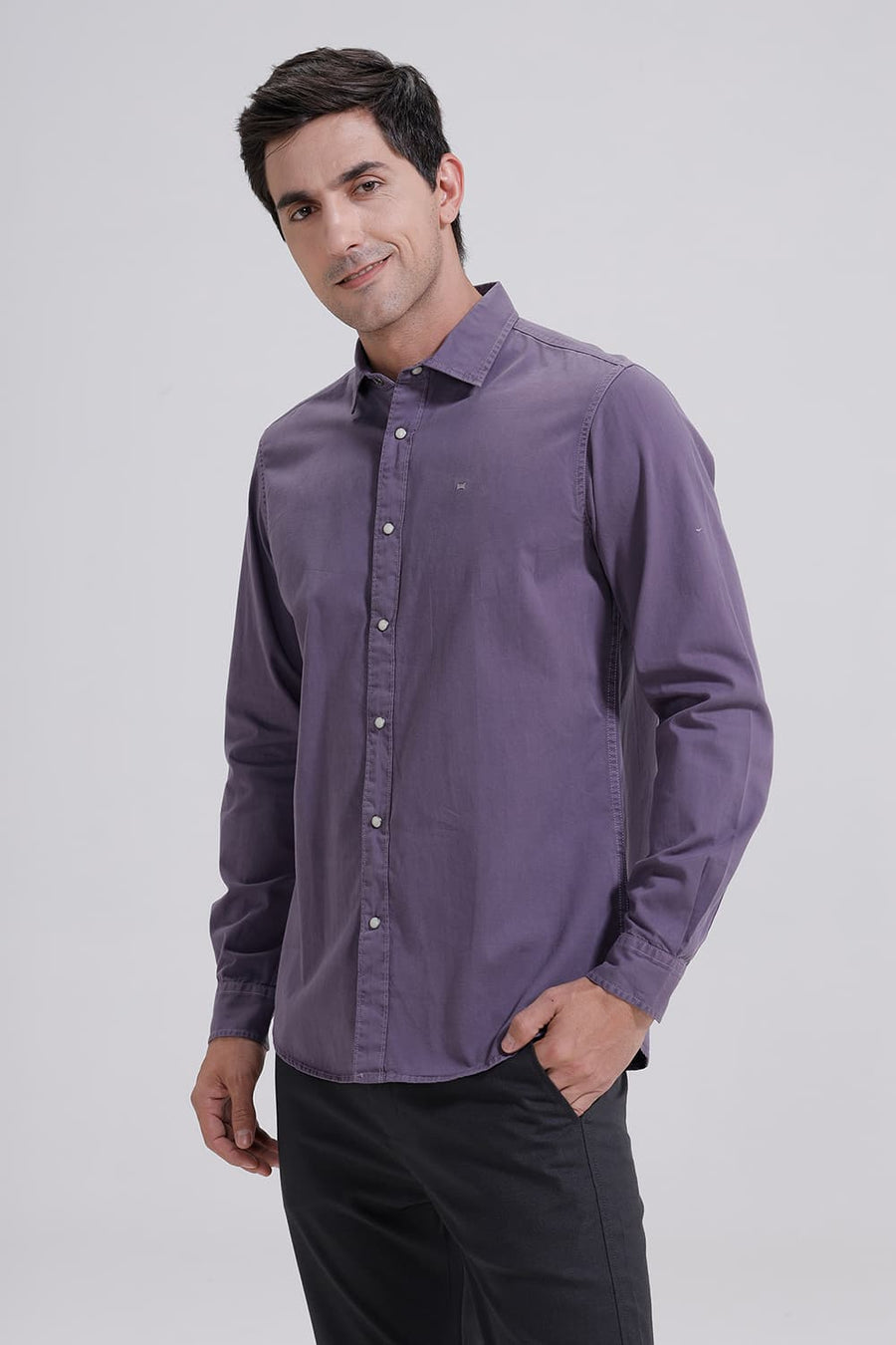 BASICS SLIM FIT PURPLE ASH COTTON TWILL SHIRT