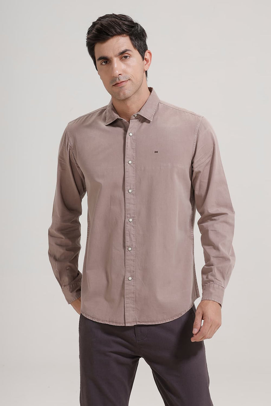 BASICS SLIM FIT MOUNTAIN BROWN COTTON TWILL SHIRT