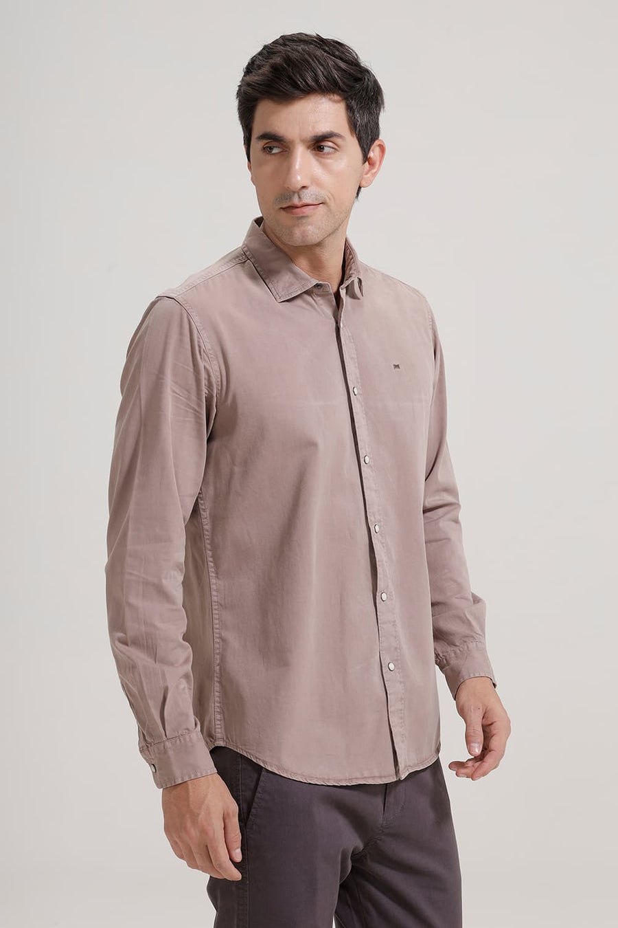 BASICS SLIM FIT MOUNTAIN BROWN COTTON TWILL SHIRT